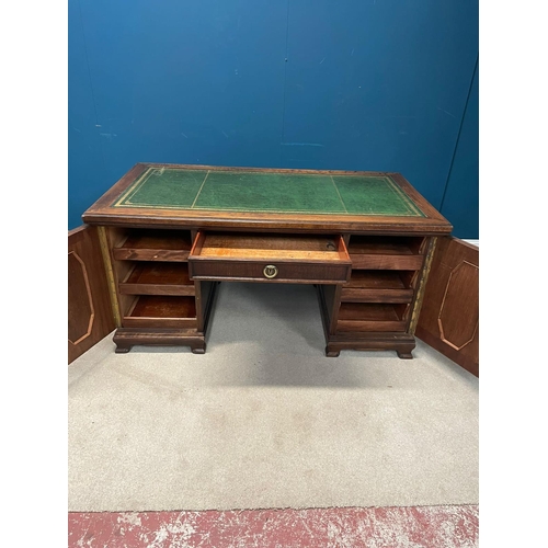 163 - Edwardian carved oak pedestal desk with inset leather top {77cm H X 160cm W x 85cm D}