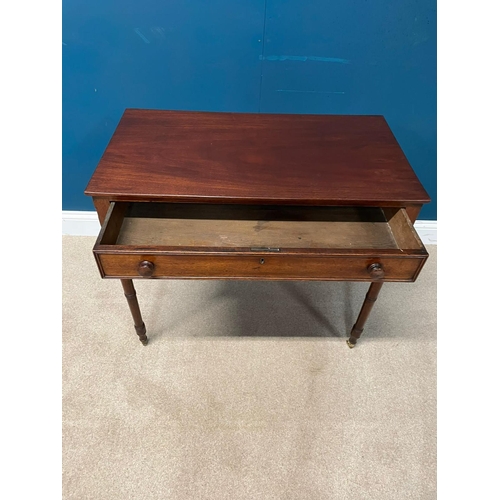 217 - 19th C. Mahogany side table with single drawer in the frieze raised on turned legs and brass castors... 