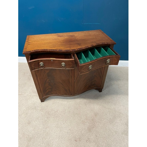 414 - Edwardian mahogany and brass inlaid serpentine front side cabinet with two drawers in the frieze abo... 