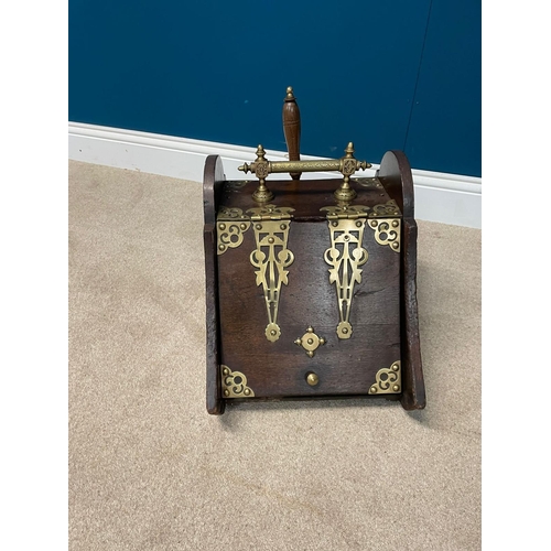 434 - 19th C. mahogany and brass coal scuttle with original shovel {40 cm H x 33 cm W x 83 cm D}.