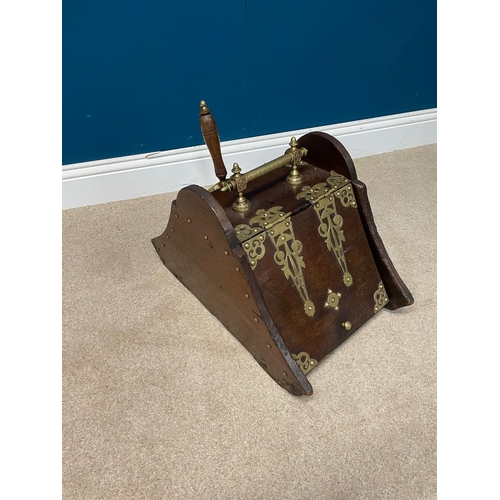 434 - 19th C. mahogany and brass coal scuttle with original shovel {40 cm H x 33 cm W x 83 cm D}.