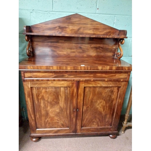 317 - William IV figured mahogany side cabinet with gallery back and one drawer over two doors raised on b... 