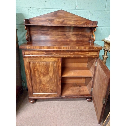 317 - William IV figured mahogany side cabinet with gallery back and one drawer over two doors raised on b... 