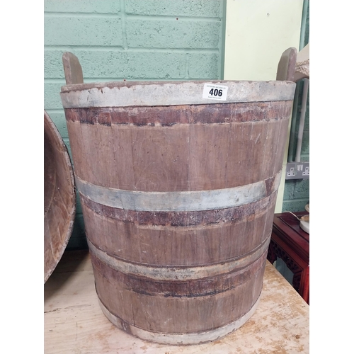 406 - Early 20th C. oak and metal bound log bucket {77 cm H x 63 cm Dia.}.