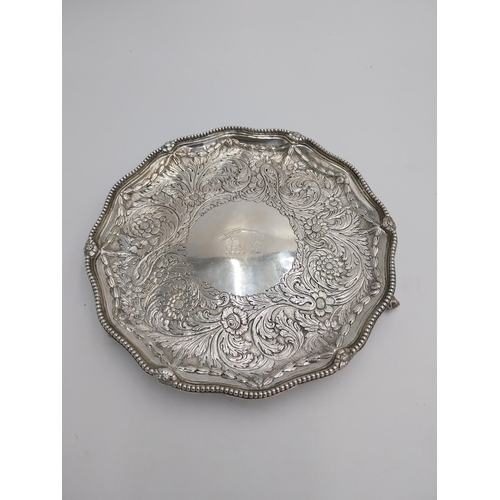 1346 - Irish Georgian  silver salver with hand chiselled flower and foliage decoration, the rim decorated w... 