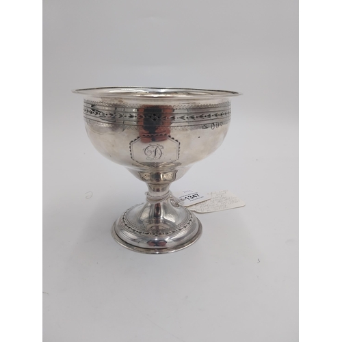 1347 - George III Irish silver pedestal bowl with bright cut decoration, one cartouche inscribed D  and opp... 