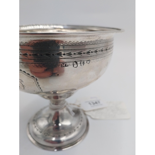 1347 - George III Irish silver pedestal bowl with bright cut decoration, one cartouche inscribed D  and opp... 