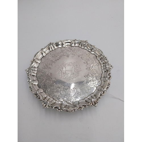 1348 - Queen Anne Irish Silver Salver, shaped circular, the centre engraved with coat-of-arms, motto and cr... 