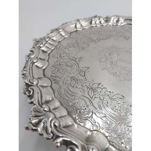 1348 - Queen Anne Irish Silver Salver, shaped circular, the centre engraved with coat-of-arms, motto and cr... 