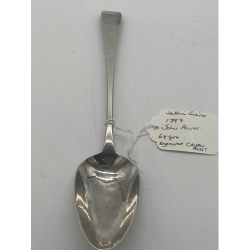 1356 - Rare Irish silver Old English patterned serving spoon, engraved with a ribbon and Cavan Regt. Hallma... 