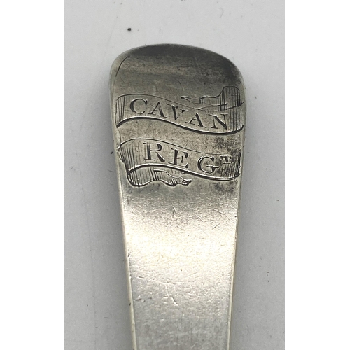 1356 - Rare Irish silver Old English patterned serving spoon, engraved with a ribbon and Cavan Regt. Hallma... 