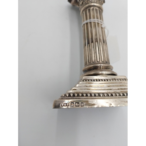 1365 - Pair of English packed silver Corinthian column candlesticks. Hallmarked in Sheffield. Maker's mark ... 