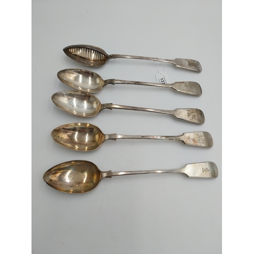 1371 - Two EPNS serving spoons stamped West & Son one with strainer, each engraved with a rampant lion cres... 