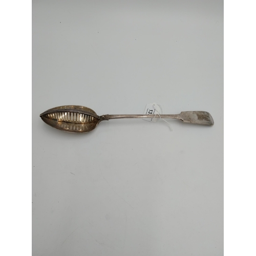 1371 - Two EPNS serving spoons stamped West & Son one with strainer, each engraved with a rampant lion cres... 