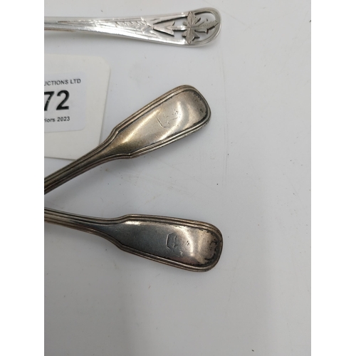 1372 - Two English silver teaspoons. Hallmarked in London 1861 Maker Chawner & Co (George William Adams). W... 