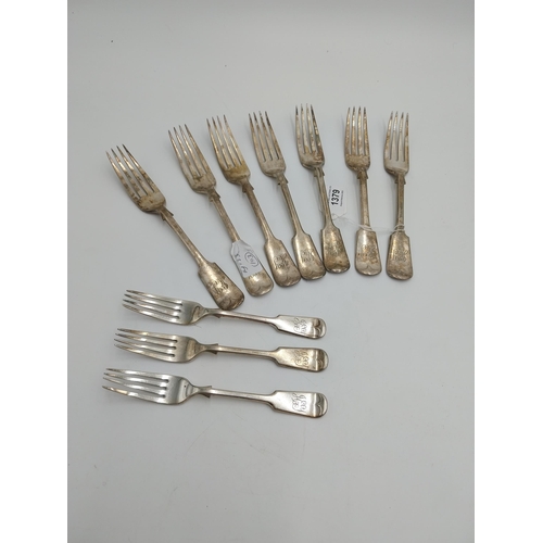 1379 - Set of seven 19th Century dinner forks Nickel-Silver D&A  Maker Daniel and Arter, Monogrammed J.E.Y.... 