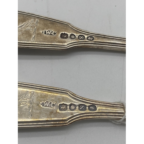 1389 - Two English silver tea forks . Hallmarked in London 1833 Maker William Chinnery Wt: 86grs. { 16cm L ... 