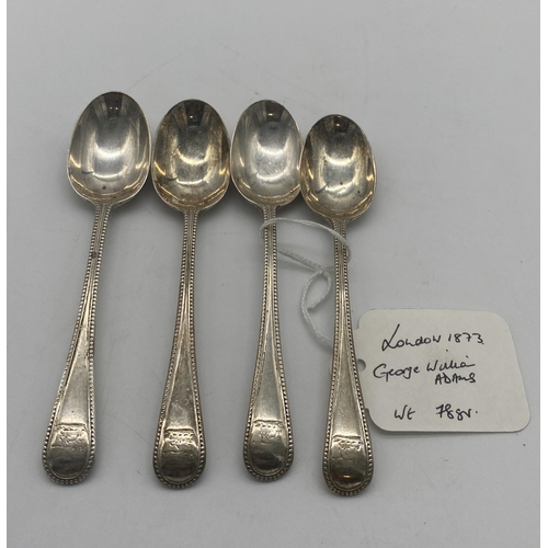 1391 - Four English silver  tea spoons. Hallmarked in London 1873. Maker George William Adams . Wt: 78grs {... 