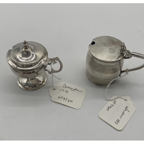 1394 - English silver mustard pot in the form of a lidded tankard. Hallmarked in London 1813. Makers mark r... 