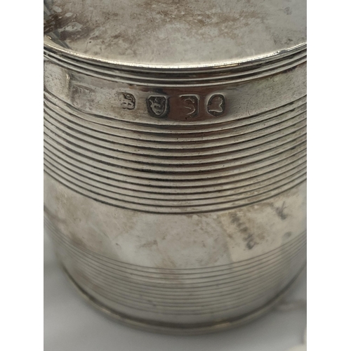 1394 - English silver mustard pot in the form of a lidded tankard. Hallmarked in London 1813. Makers mark r... 