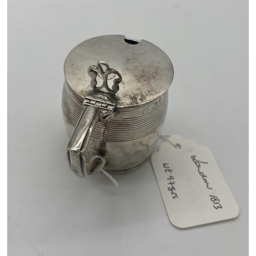 1394 - English silver mustard pot in the form of a lidded tankard. Hallmarked in London 1813. Makers mark r... 