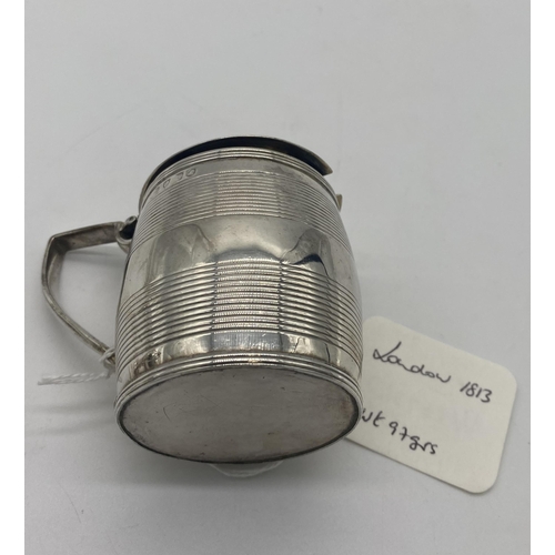 1394 - English silver mustard pot in the form of a lidded tankard. Hallmarked in London 1813. Makers mark r... 