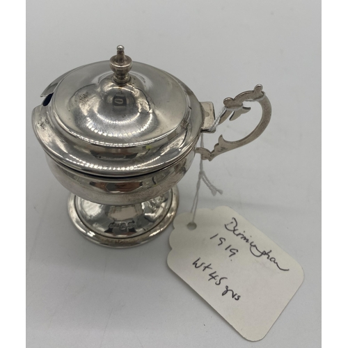 1394 - English silver mustard pot in the form of a lidded tankard. Hallmarked in London 1813. Makers mark r... 