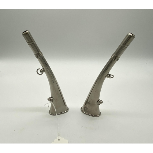 1415 - Pair of EPNS hunting horns. { 22cm L }.