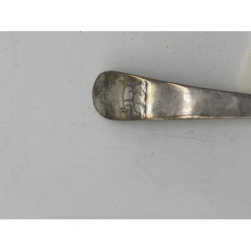 1418 - English silver serving spoon. Hallmarked in London 1777. Maker Hester Bateman. Wt: 50grs. { 21cm L }... 