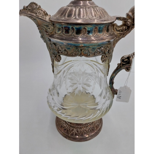 1428 - Large 19th. C. silver plated and cut glass claret jug, the glass body decorated with floral motif an... 