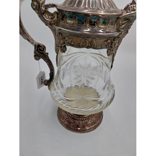 1428 - Large 19th. C. silver plated and cut glass claret jug, the glass body decorated with floral motif an... 