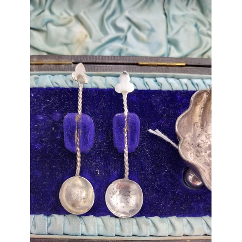 1429 - English silver pair of salts and spoons, the salts of floral form, raised on three ball feet, the sp... 