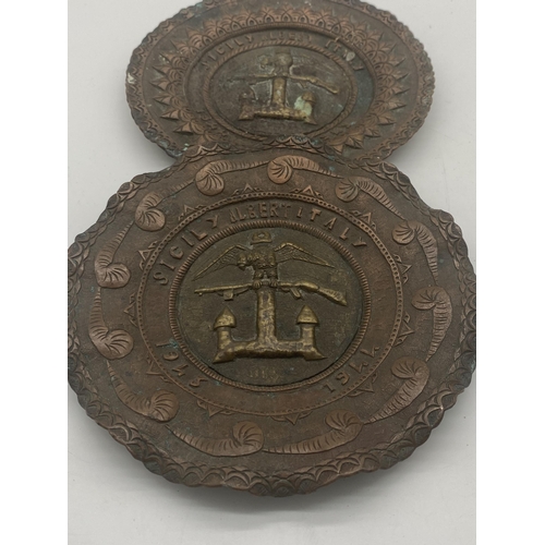 1434 - Pair of American Battalion Victory campaign plates - Sicily Italy 1943 - 44. { 16cm Dia }