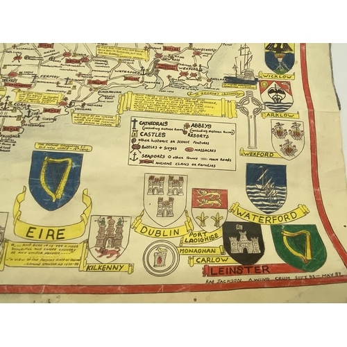 1441 - Rare Prison Art hand drawn Map of Ireland depicting the City Crests, Abbeys, Cathedrals, Castles & R... 