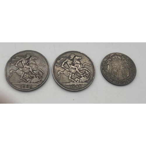 1450 - Two consecutive Victorian crowns - 1894 & 1895 and 1914 George V half  crown.