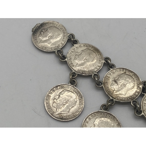 1455 - Ladies bracelet made from sixteen  George V & one Victorian 3d. pieces.