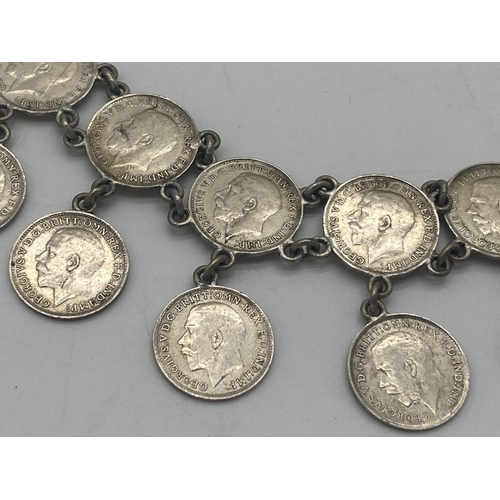 1455 - Ladies bracelet made from sixteen  George V & one Victorian 3d. pieces.