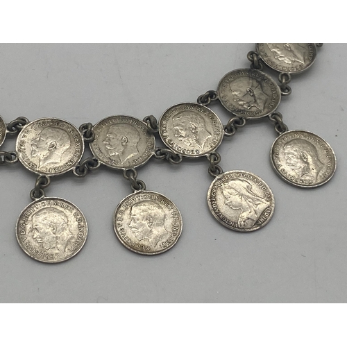 1455 - Ladies bracelet made from sixteen  George V & one Victorian 3d. pieces.