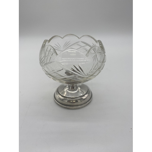 1458 - Cut glass sugar bowl raised on an English silver pedestal. Hallmarked in Birmingham 1917 -1918 Maker... 