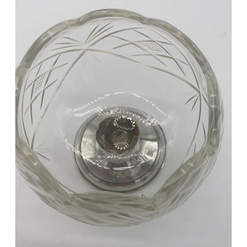 1458 - Cut glass sugar bowl raised on an English silver pedestal. Hallmarked in Birmingham 1917 -1918 Maker... 