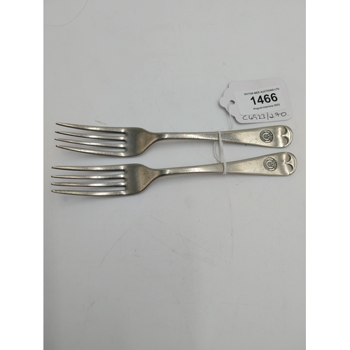 1466 - Two tea forks with crest engraved Ulster Transport and the Red Hand Of Ulster stamped Oruba Walker &... 