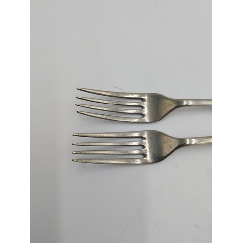 1466 - Two tea forks with crest engraved Ulster Transport and the Red Hand Of Ulster stamped Oruba Walker &... 