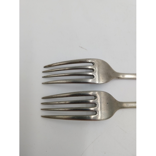 1466 - Two tea forks with crest engraved Ulster Transport and the Red Hand Of Ulster stamped Oruba Walker &... 