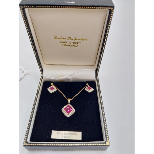 1471 - 9 carat gold pendant and pair of earrings set with rubies and diamonds, in presentation box.