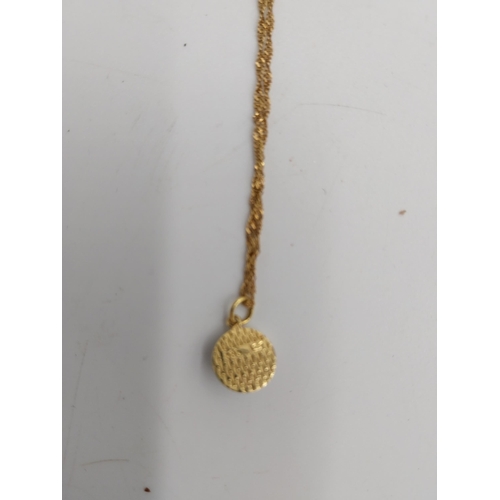 1478 - 14 carat gold { stamped 585 } chain and pendant, the pedant inset with a grey coloured stone.