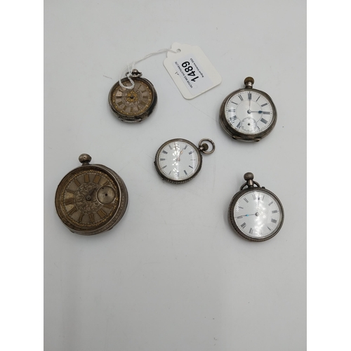 1489 - Collection of five silver fob watches, two hallmarked in Birmingham.