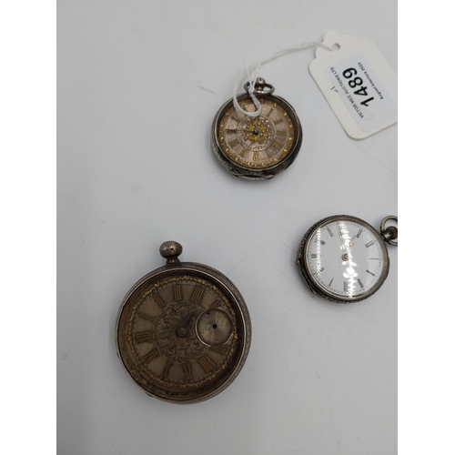 1489 - Collection of five silver fob watches, two hallmarked in Birmingham.