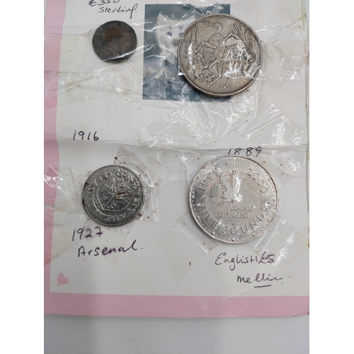 1490 - Collection of coins - 1939 6d., 1836 4d., 1913 farthing, 1889 crown, 2000 �5 and a Cardiff City Foot... 