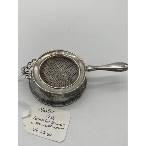 1399 - English silver tea strainer with EPNS bowl.  Hallmarked in Chester 1912. Maker Cornelius Saunders & ... 