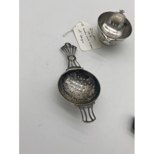 1399 - English silver tea strainer with EPNS bowl.  Hallmarked in Chester 1912. Maker Cornelius Saunders & ... 